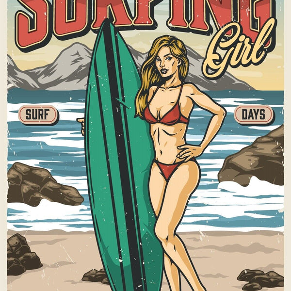 Nostalgie Schild Surfing Girl Frau Surfen 12x18 / 20x30 / 30x40 Blech od. Holz