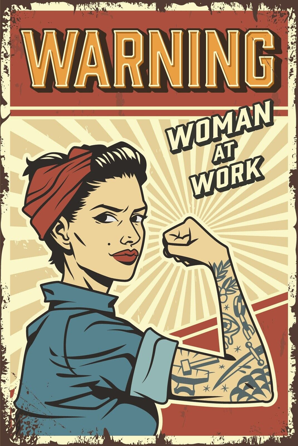 Nostalgie Schild Warning Woman At Work Frau 12x18 / 20x30 / 30x40 Blech od. Holz