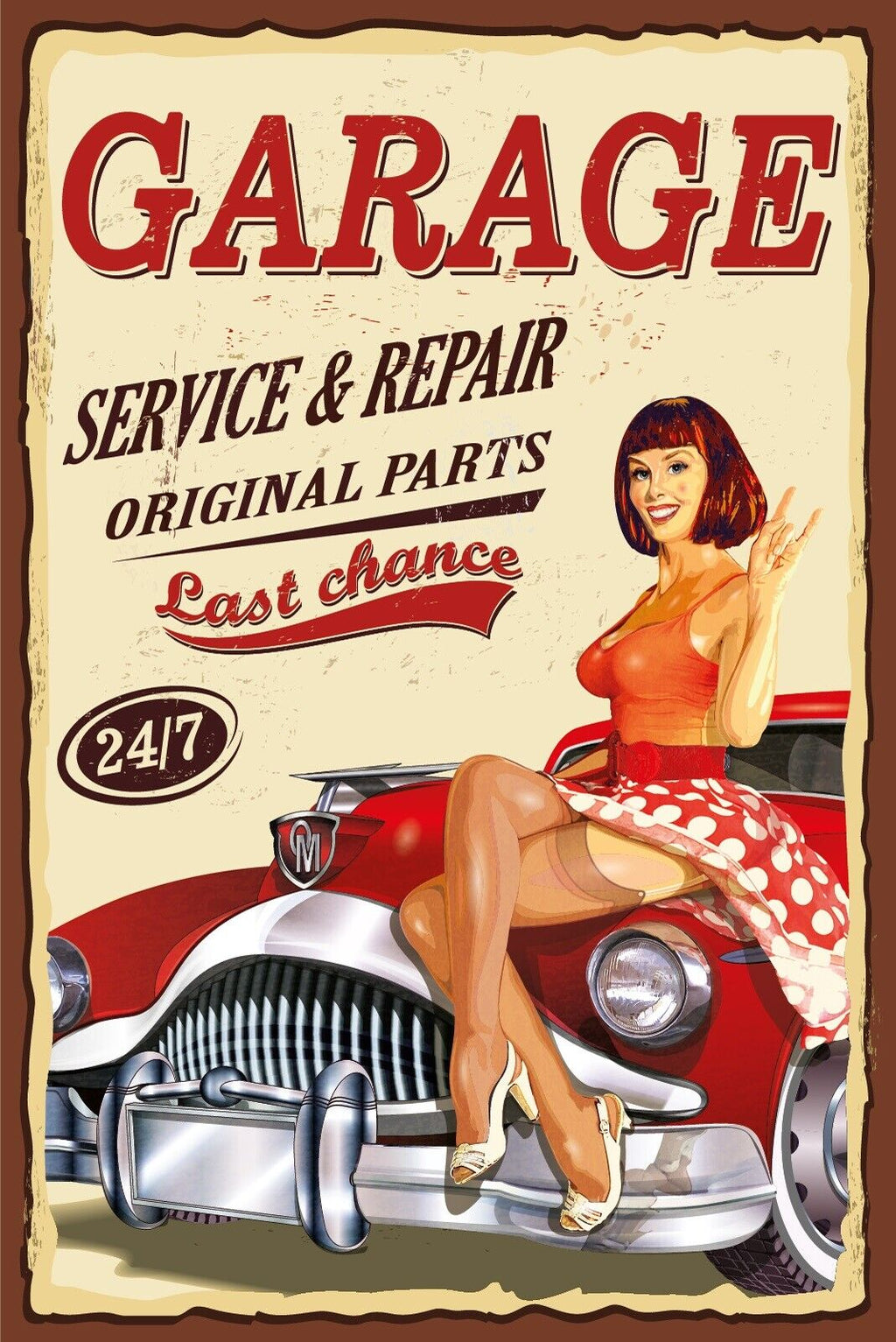 Nostalgie Schild Garage Service Repair Frau 12x18 / 20x30 / 30x40 Blech od. Holz