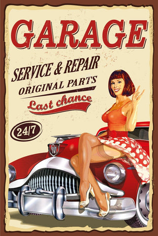 Nostalgie Schild Garage Service Repair Frau 12x18 / 20x30 / 30x40 Blech od. Holz