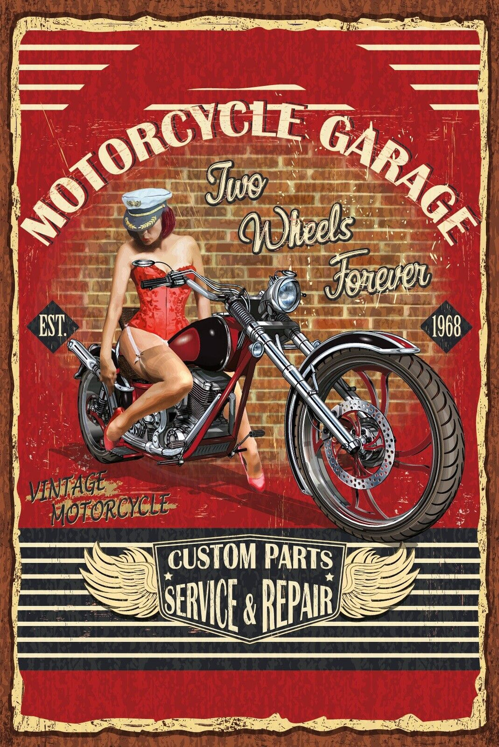 Nostalgie Schild Motorcycle Garage Motorrad 12x18 / 20x30 / 30x40 Blech od. Holz