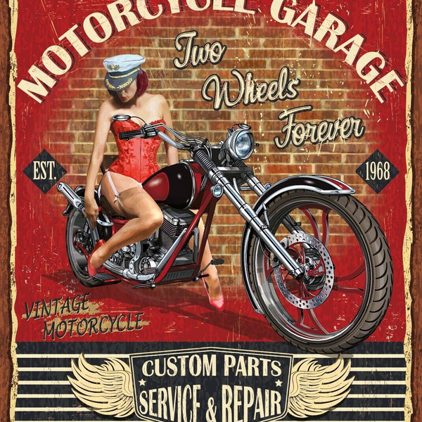 Nostalgie Schild Motorcycle Garage Motorrad 12x18 / 20x30 / 30x40 Blech od. Holz