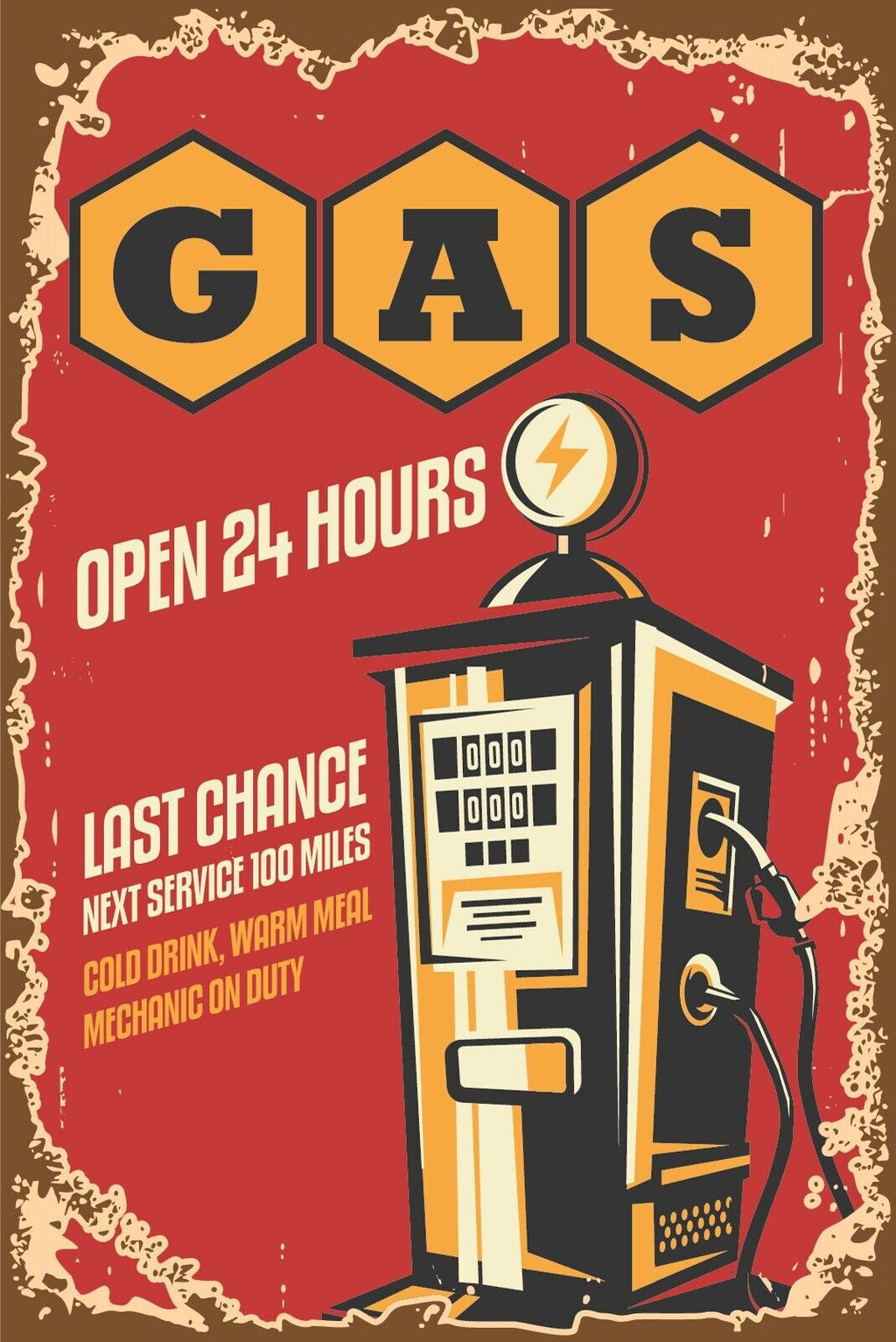 Nostalgie Schild Gas Open 24 hrs Tankstelle 12x18 / 20x30 / 30x40 Blech od. Holz