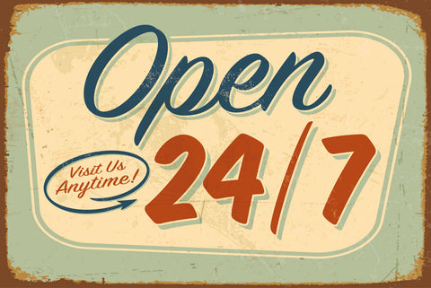 Nostalgie Schild Open 24/7 Geöffnet 12x18 / 20x30 / 30x40 Blech od. Holz