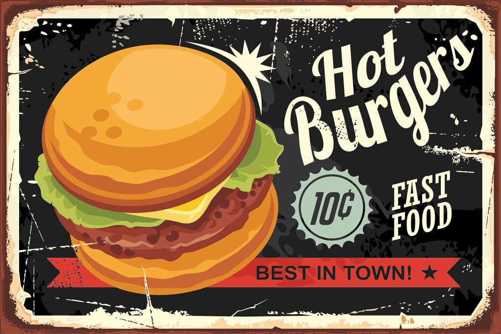 Nostalgie Schild Hot Burgers Fast Food 12x18 / 20x30 / 30x40 Blech od. Holz