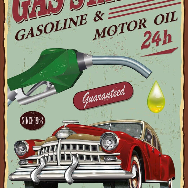 Nostalgie Schild Gas Station Tankstelle Oil 12x18 / 20x30 / 30x40 Blech od. Holz