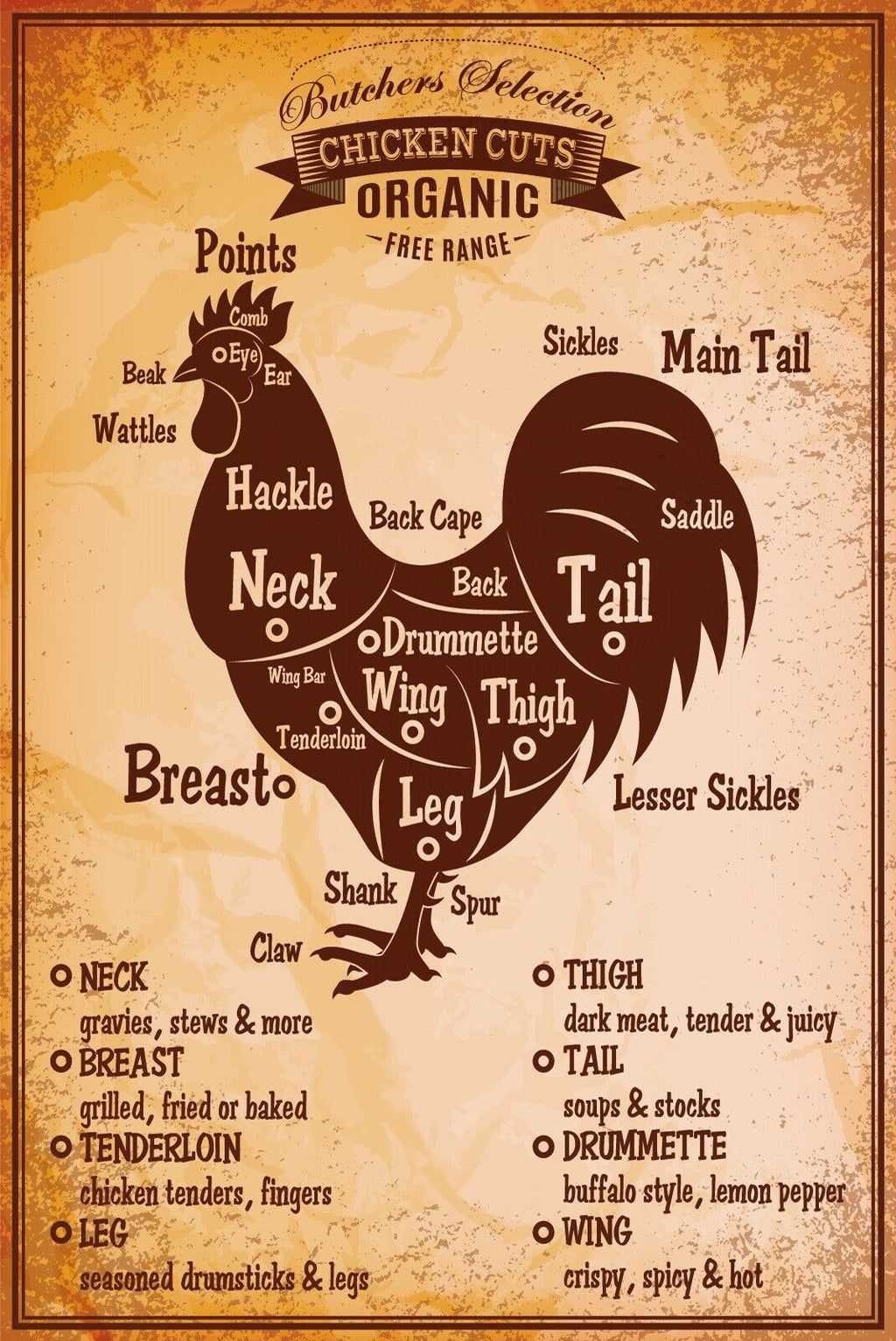 Nostalgie Schild Chicken Cuts Huhn Diagramm 12x18 / 20x30 / 30x40 Blech od. Holz