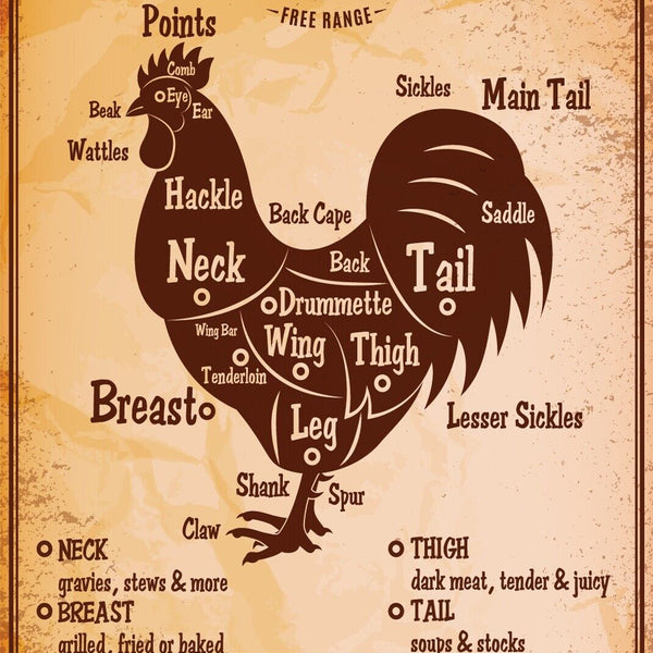 Nostalgie Schild Chicken Cuts Huhn Diagramm 12x18 / 20x30 / 30x40 Blech od. Holz