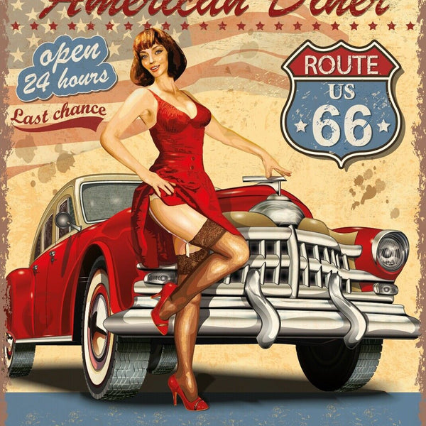 Nostalgie Schild American Diner Route66 Auto 12x18 / 20x30 / 30x40 Blech od.Holz