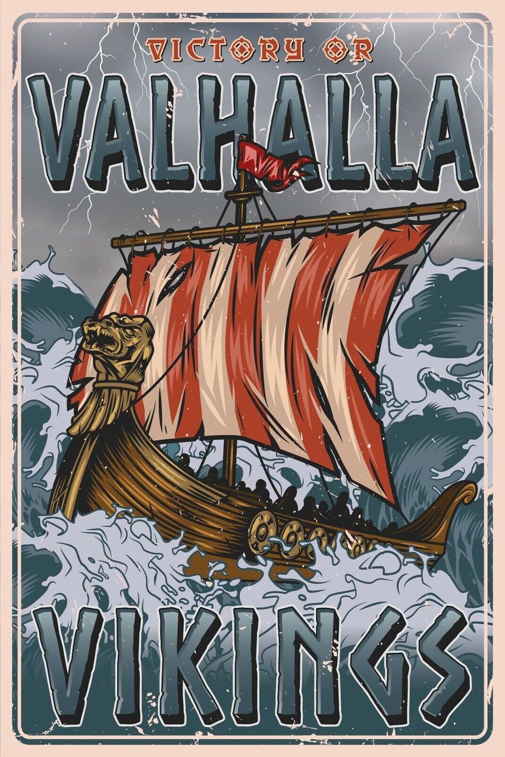 Nostalgie Schild Valhalla Vikinger Schiff 12x18 / 20x30 / 30x40 Blech od. Holz