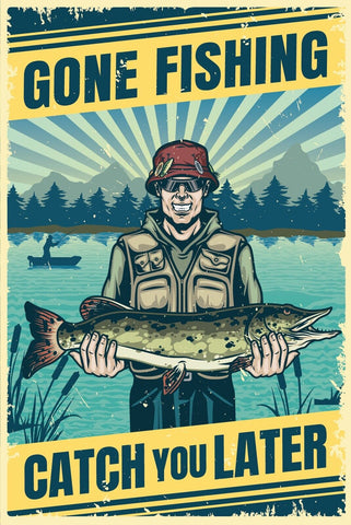 Nostalgie Schild Gone Fishing Angler Fischen 12x18 / 20x30 / 30x40 Blech od.Holz