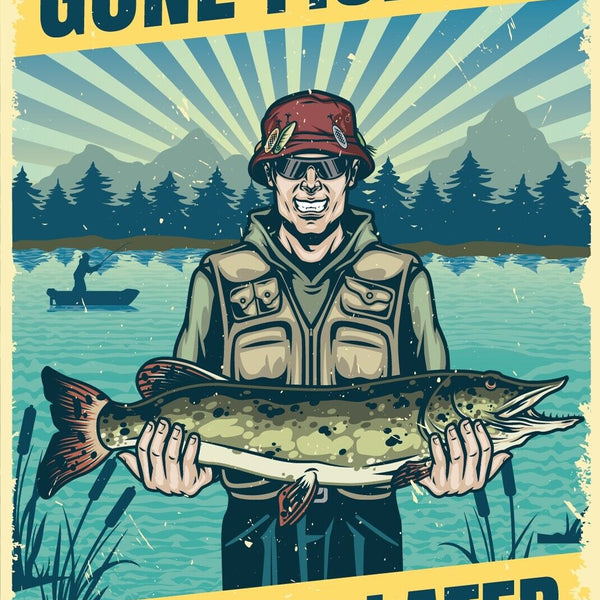 Nostalgie Schild Gone Fishing Angler Fischen 12x18 / 20x30 / 30x40 Blech od.Holz