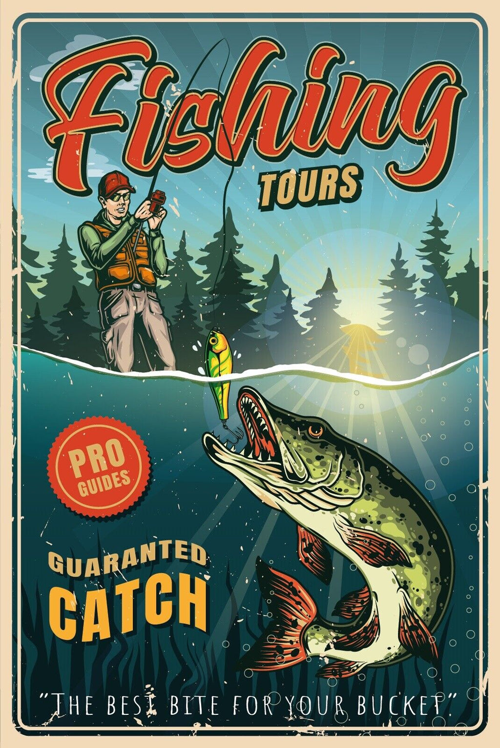 Nostalgie Schild Fishing Tours Angler Fisch 12x18 / 20x30 / 30x40 Blech od. Holz