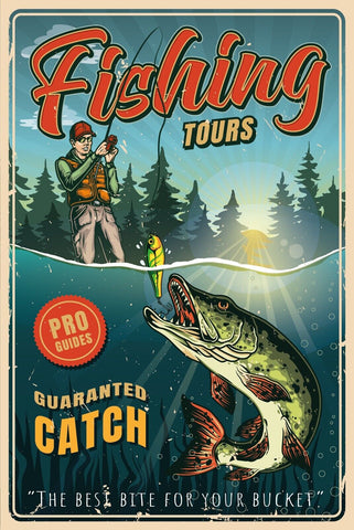 Nostalgie Schild Fishing Tours Angler Fisch 12x18 / 20x30 / 30x40 Blech od. Holz