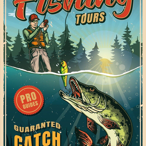 Nostalgie Schild Fishing Tours Angler Fisch 12x18 / 20x30 / 30x40 Blech od. Holz