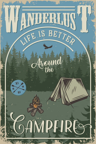 Nostalgie Schild Wanderlust Campfire Camping 12x18 / 20x30 / 30x40 Blech od.Holz