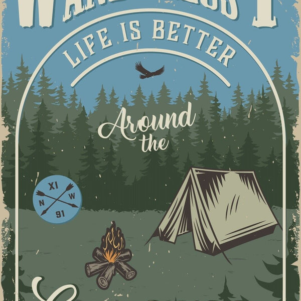 Nostalgie Schild Wanderlust Campfire Camping 12x18 / 20x30 / 30x40 Blech od.Holz