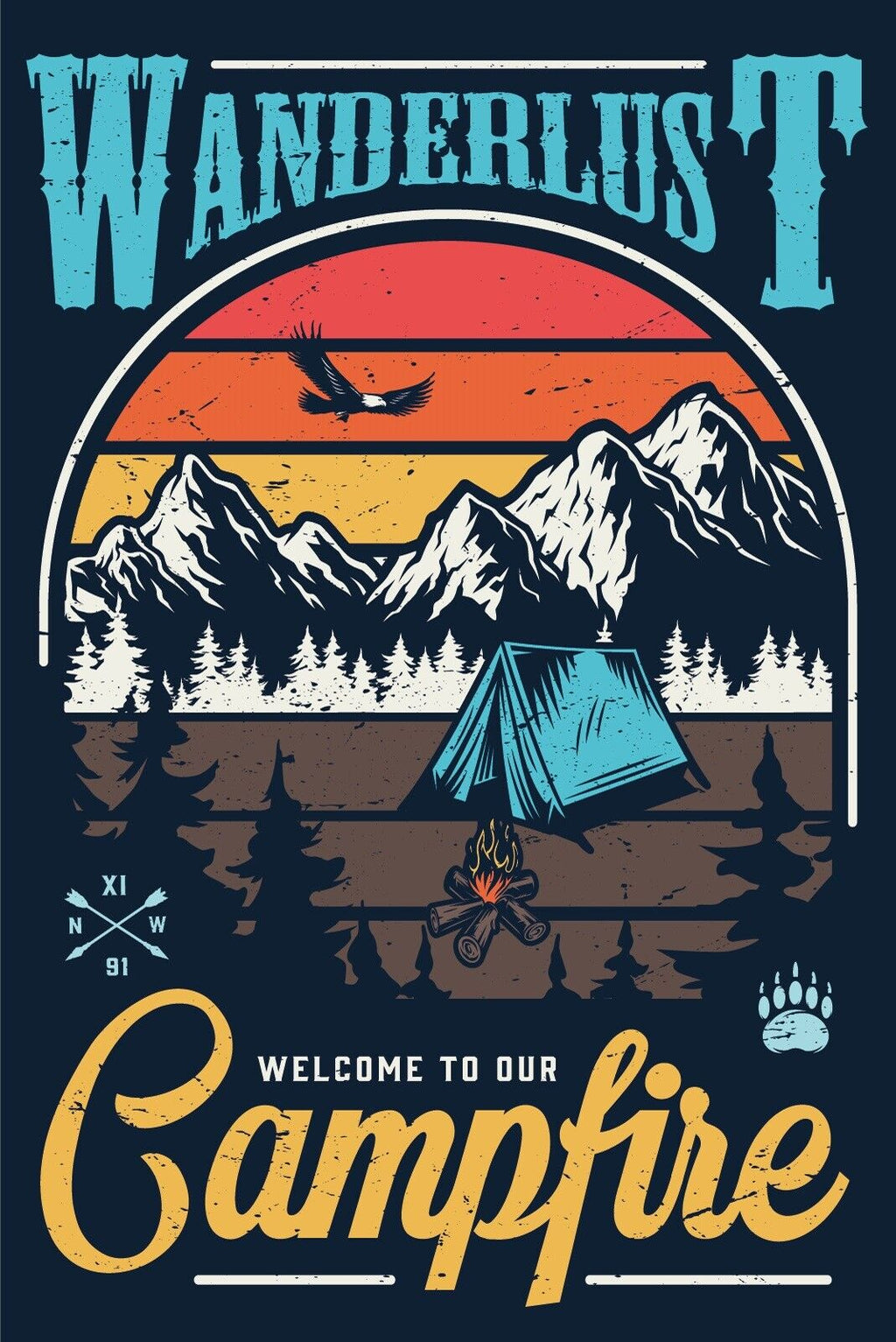 Nostalgie Schild Wanderlust Campfire Camping 12x18 / 20x30 / 30x40 Blech od.Holz