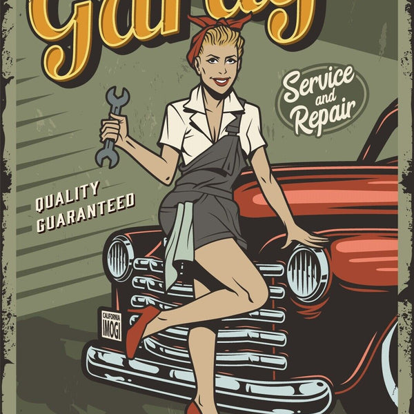 Nostalgie Schild Welcome to Garage Frau Auto 12x18 / 20x30 / 30x40 Blech od.Holz