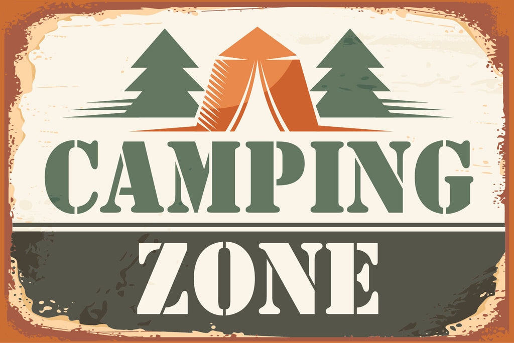 Nostalgie Schild Camping Zone Campen Zelt 12x18 / 20x30 / 30x40 Blech od. Holz