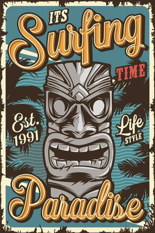 Nostalgie Schild Surfing Time Paradise Tiki 12x18 / 20x30 / 30x40 Blech od. Holz