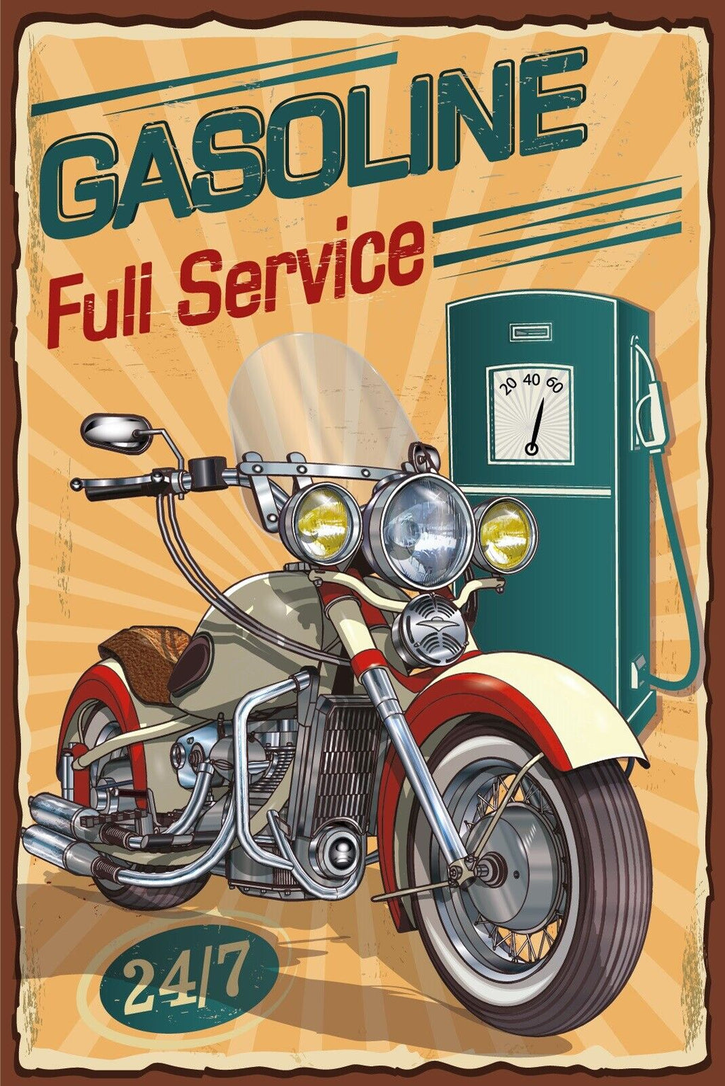 Nostalgie Schild Gasoline Motorrad Benzin 12x18 / 20x30 / 30x40 Blech od.Holz