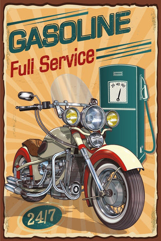 Nostalgie Schild Gasoline Motorrad Benzin 12x18 / 20x30 / 30x40 Blech od.Holz