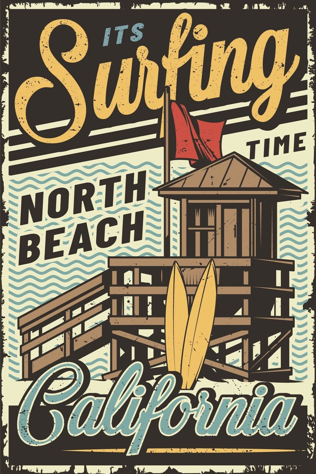 Nostalgie Schild Surfing Time California 12x18 / 20x30 / 30x40 Blech od. Holz