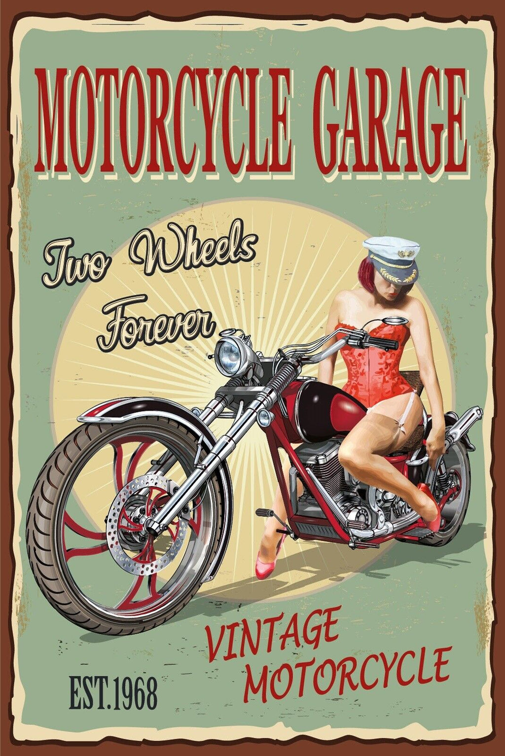 Nostalgie Schild Motorcycle Garage Motorrad 12x18 / 20x30 / 30x40 Blech od. Holz