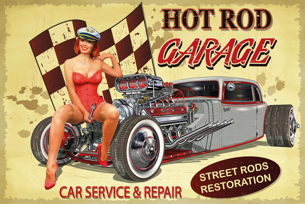 Nostalgie Schild Hot Rod Garage Frau Fahne 12x18 / 20x30 / 30x40 Blech od. Holz