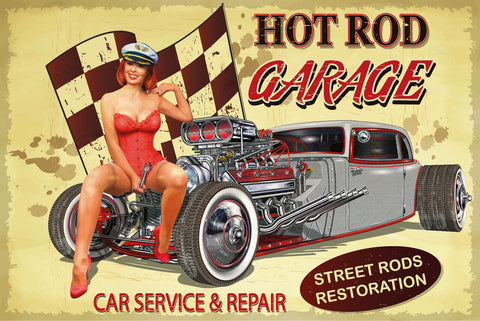 Nostalgie Schild Hot Rod Garage Frau Fahne 12x18 / 20x30 / 30x40 Blech od. Holz