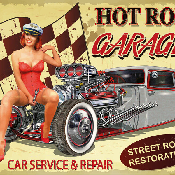 Nostalgie Schild Hot Rod Garage Frau Fahne 12x18 / 20x30 / 30x40 Blech od. Holz