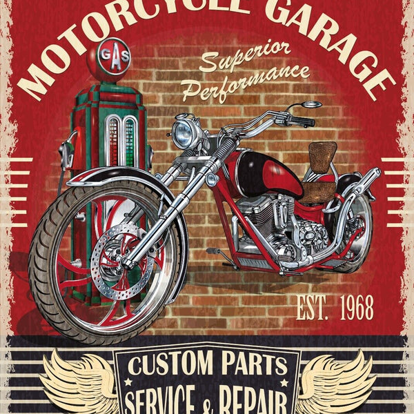 Nostalgie Schild Motorcycle Garage Motorrad 12x18 / 20x30 / 30x40 Blech od. Holz