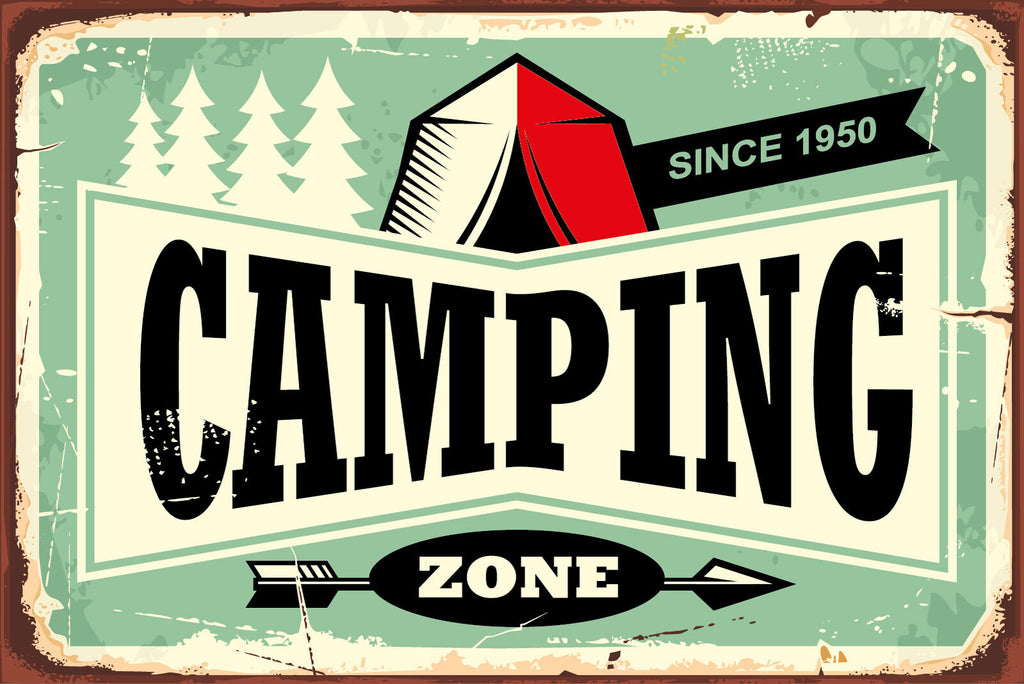 Nostalgie Schild Camping Zone Campen Zelt 12x18 / 20x30 / 30x40 Blech od. Holz
