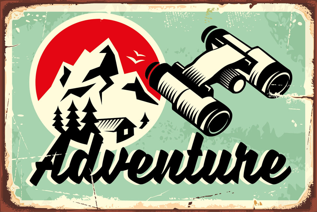 Nostalgie Schild Adventure Fernglas Berg 12x18 / 20x30 / 30x40 Blech od. Holz