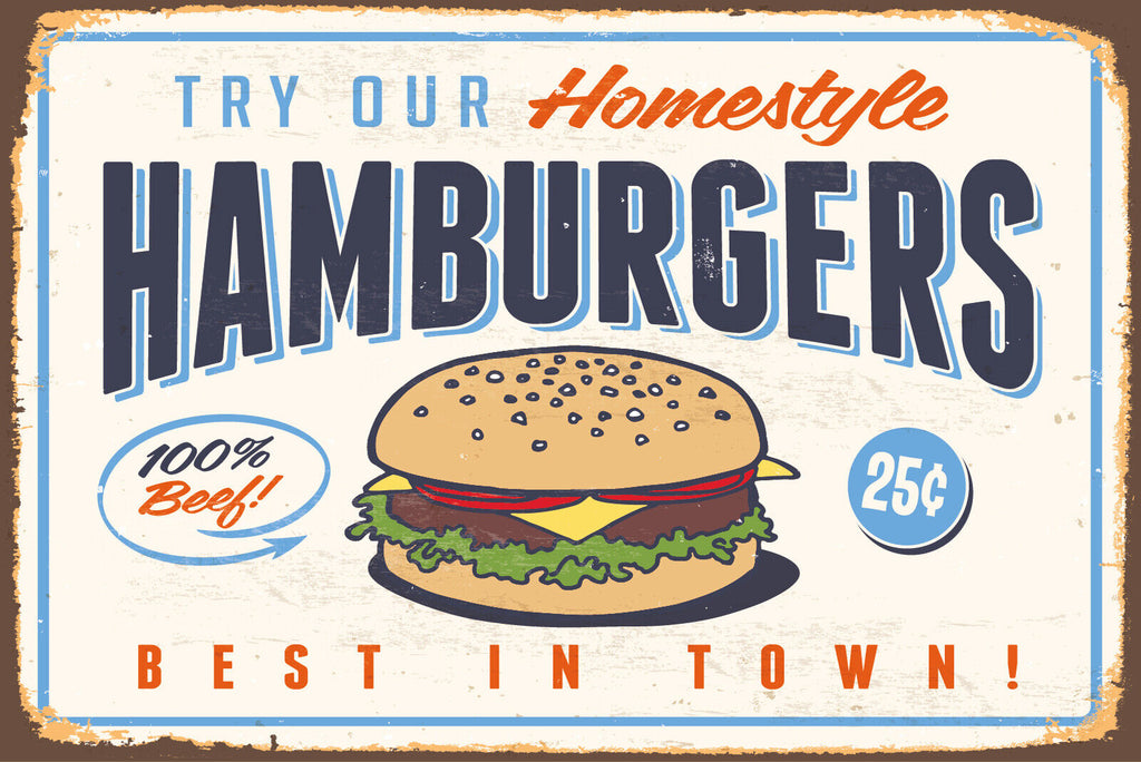 Nostalgie Schild Homestyle Hamburgers Beef 12x18 / 20x30 / 30x40 Blech od. Holz