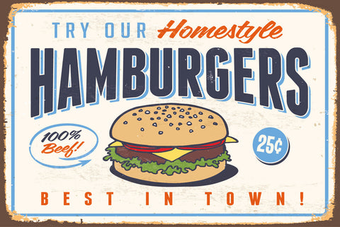 Nostalgie Schild Homestyle Hamburgers Beef 12x18 / 20x30 / 30x40 Blech od. Holz