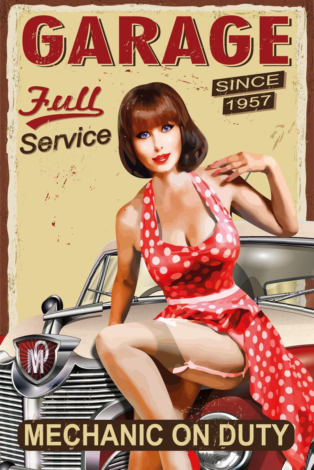 Nostalgie Schild Garage Full Service Frau 12x18 / 20x30 / 30x40 Blech od. Holz
