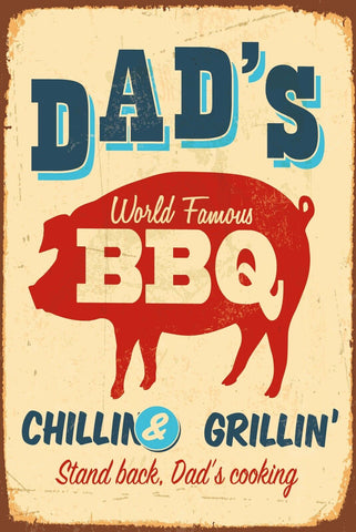 Nostalgie Schild Dad's Famous BBQ Grillen 12x18 / 20x30 / 30x40 Blech od. Holz
