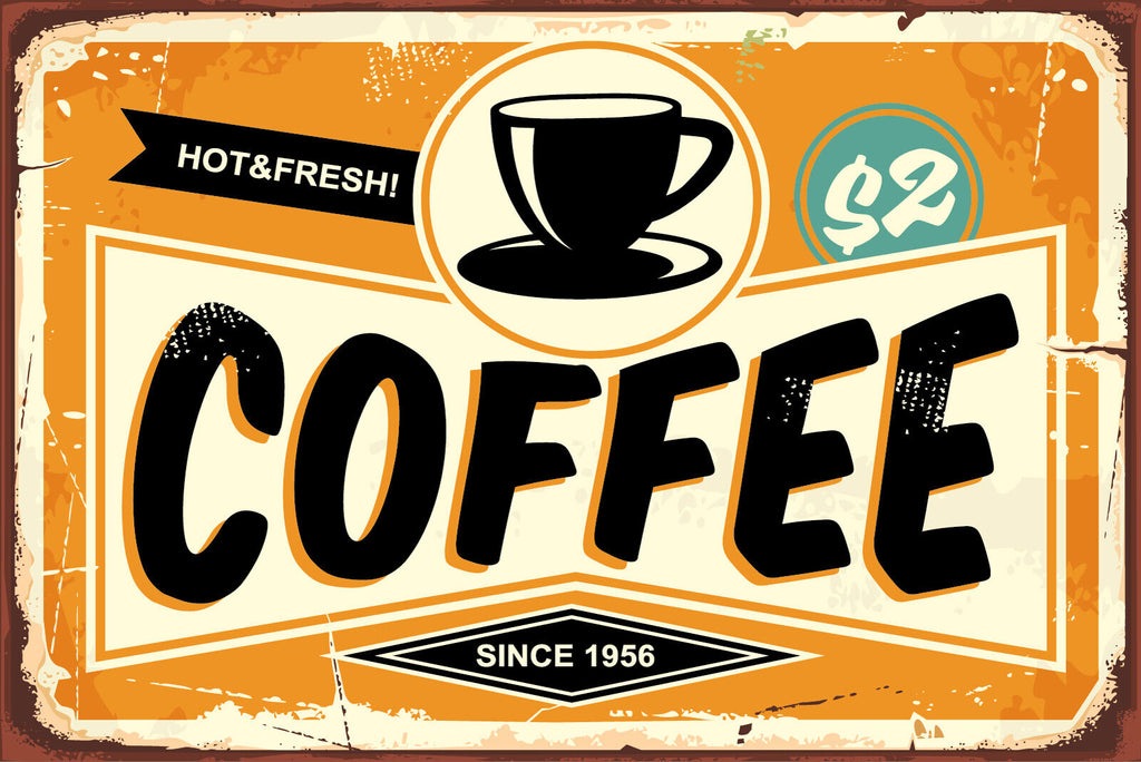 Nostalgie Schild Coffee Hot & Fresh Kaffee 12x18 / 20x30 / 30x40 Blech od. Holz