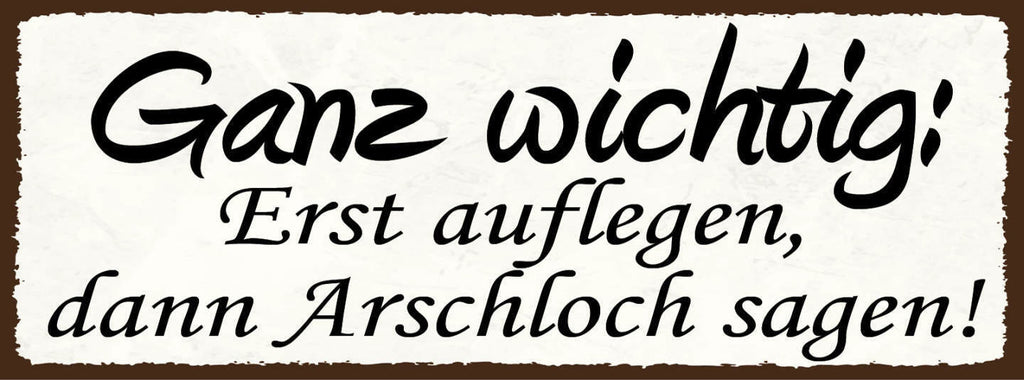 Schild Ganz Wichtig Erst Auflegen Dann Arschloch Sagen  27x10 Blech od.Holz