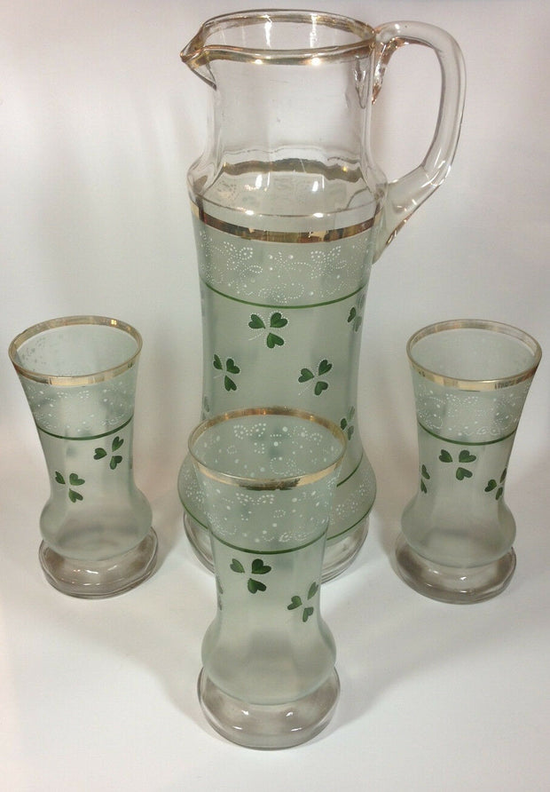Jugendstil Wasserkrug mit drei Gläsern Kleeblatt mit Goldrand 11034