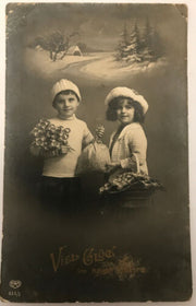 Neujahrskarte, 2 Kinder (Bub/Mädchen) mit Kleeblatt und Geldsack
