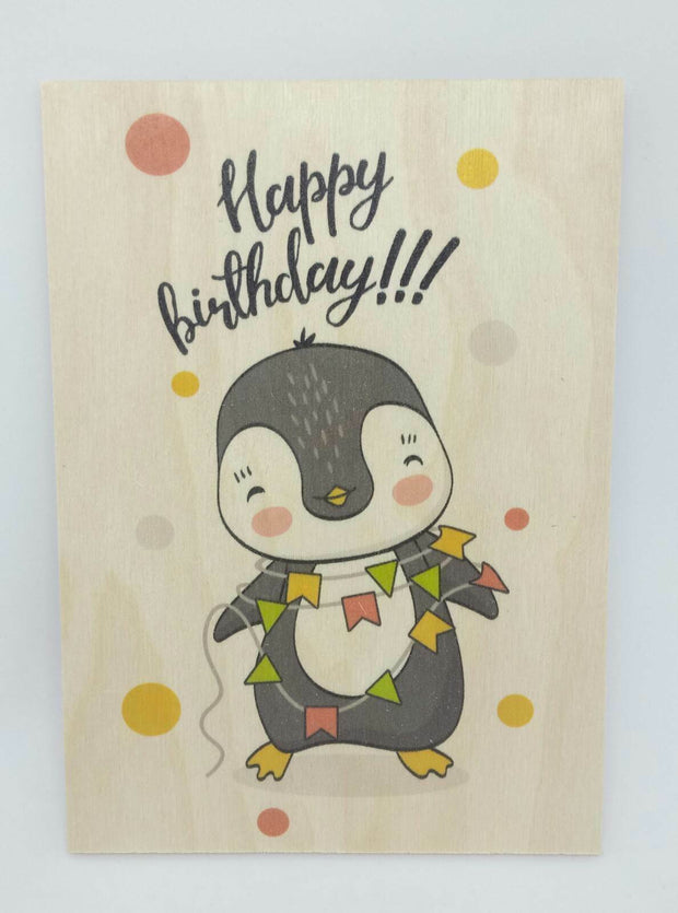 Holzkarte magnetisch Happy Birthday Pinguin 14x10 Birkenholz 50263