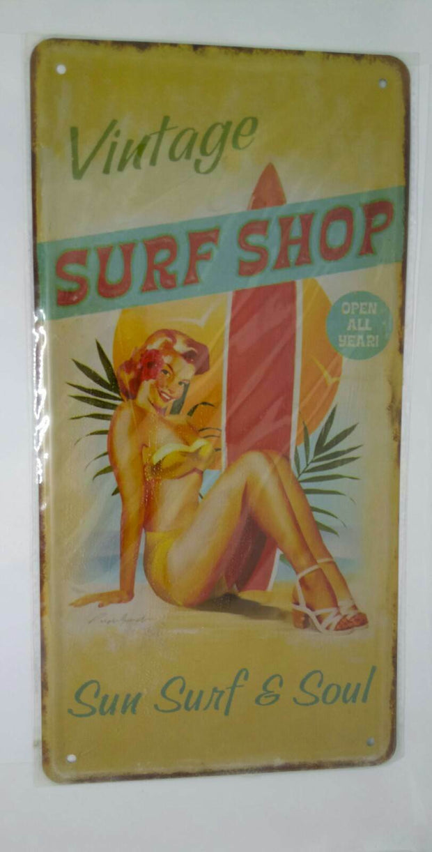 Nostalgie Retro Blechschild "vintage surf shop" Frau Surfing  30x16 50337