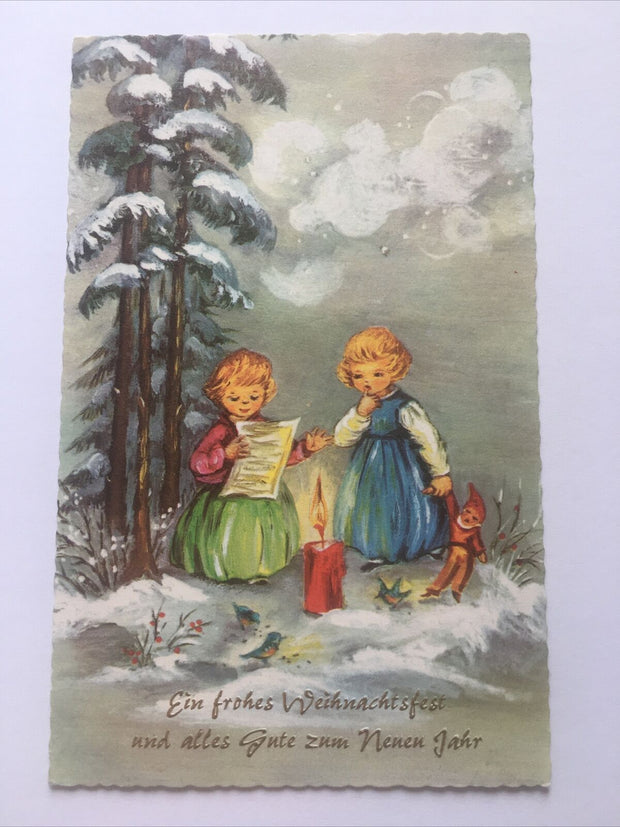Glückwunsch Weihnachtskarte. Zwei Kinder, Wald. 653