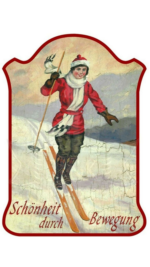 KuK Nostalgie Holzschild "Schönheit durch Bewegung- Skifahren"