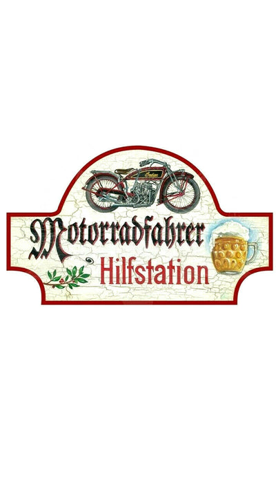 KuK Nostalgie Holzschild "Motorradfahrer Hilfstation"
