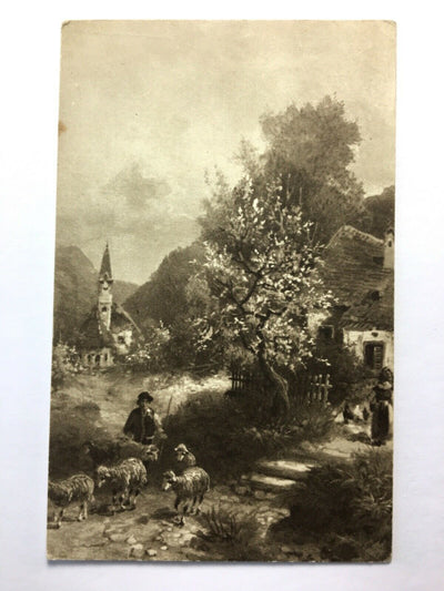 Schäfer mit Schafe - Dorf mit Kirche - Künstlerkarte 30162 TH