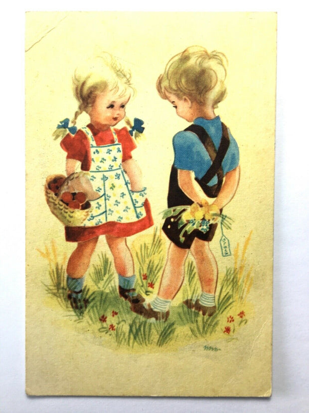 Junge und Mädchen - Blumenstrauß - Künstlerkarte 30090 TH